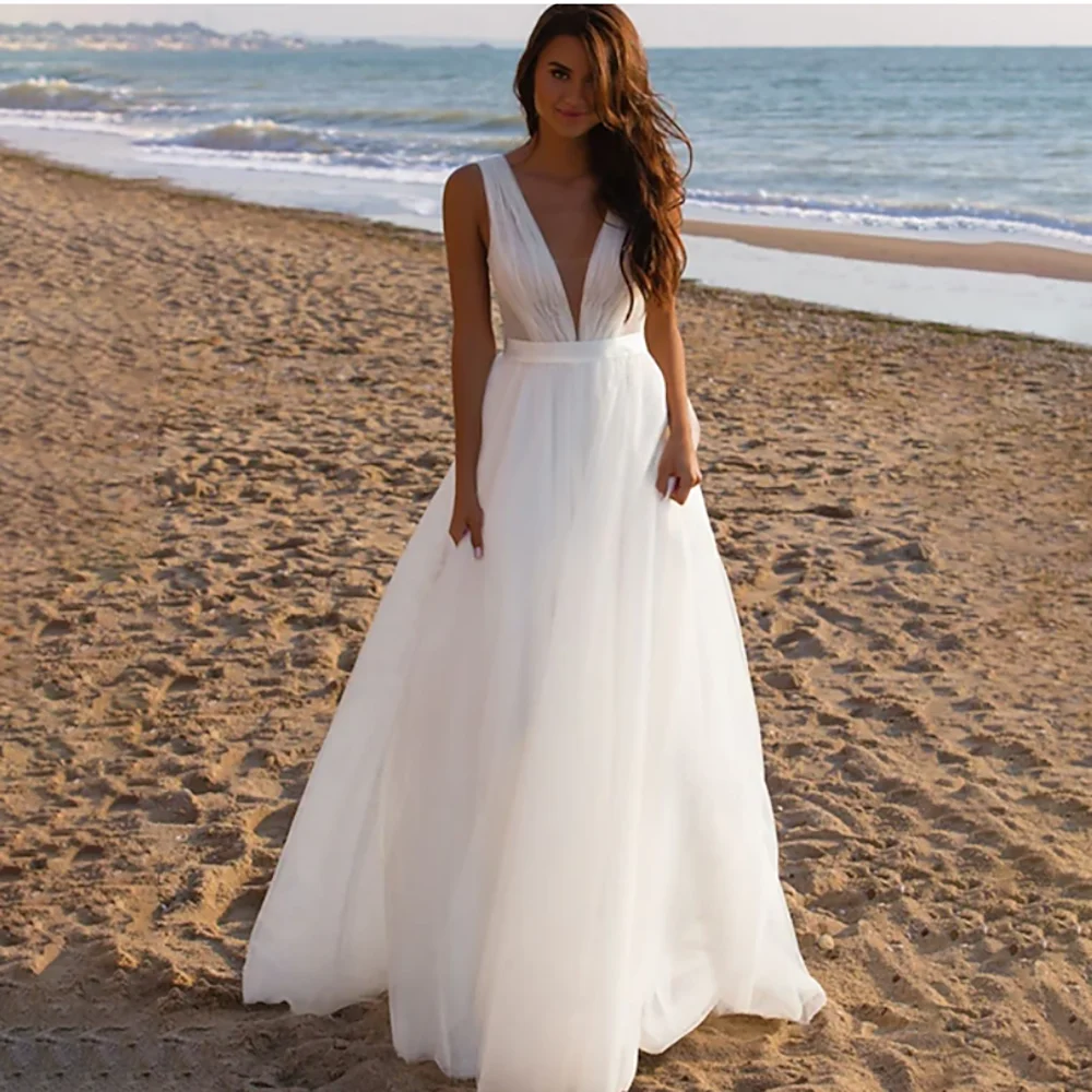 

Wedding Dress V Neck Sleeveless Pleated A Line Bridal Gown Tulle Draped Bride Dress Elegant Formal Bridal Gowns Wedding Gowns