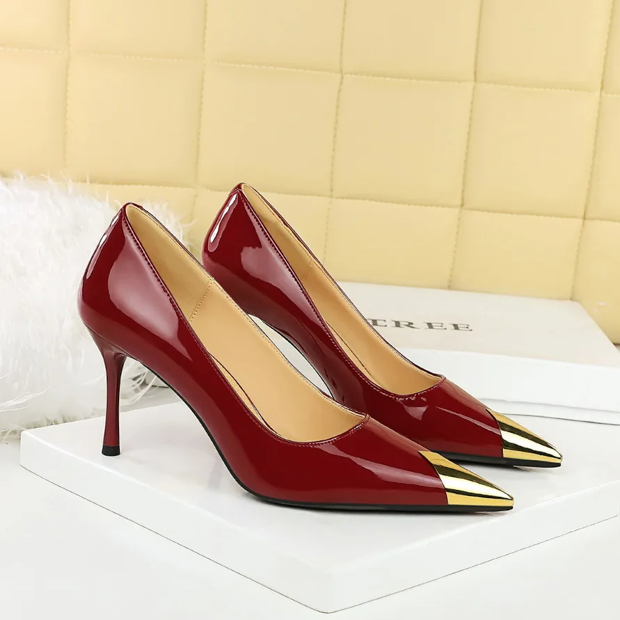 

BIGTREE/платье для выпускного вечера на высоком каблуке с металлическим острым носком, женские туфли-лодочки на шпильке 5-8,5 см, элегантные женские туфли на высоком каблуке, винно-красный телесный цвет