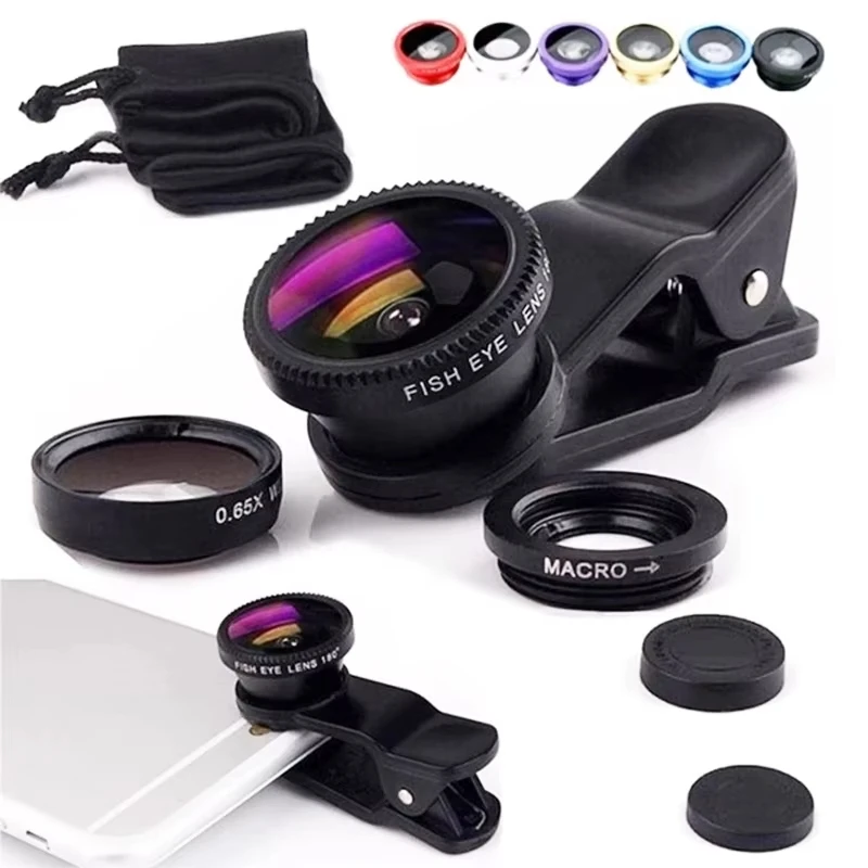 3in1 Fisheye Lens Wide Angle Micro Camera Lens for iPhone 16 15 14 13 11 Zoom Fish Eye Len for Smartphone Lenses with Phone Clip