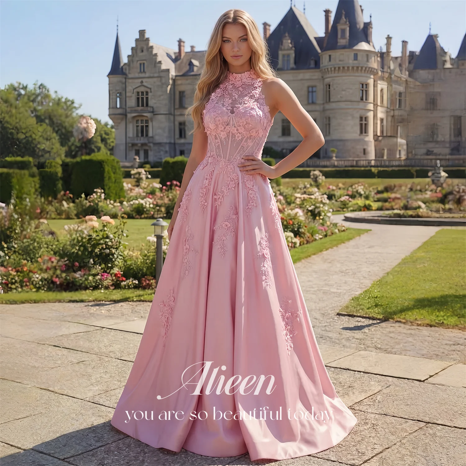 

Evening Dress Women European Pink Satin A-Line Lace Formal Events Aileen Sleeveless Floor-Length 2026 Customized Robes de Soirée