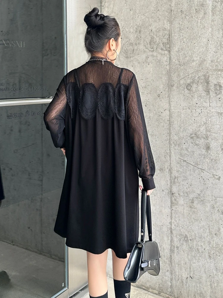 NYFS 2025 ربيع الخريف جديد كوريا فساتين النساء Vestidos رداء Elbise فضفاض حجم كبير شبكة المرقعة فستان الدانتيل #5