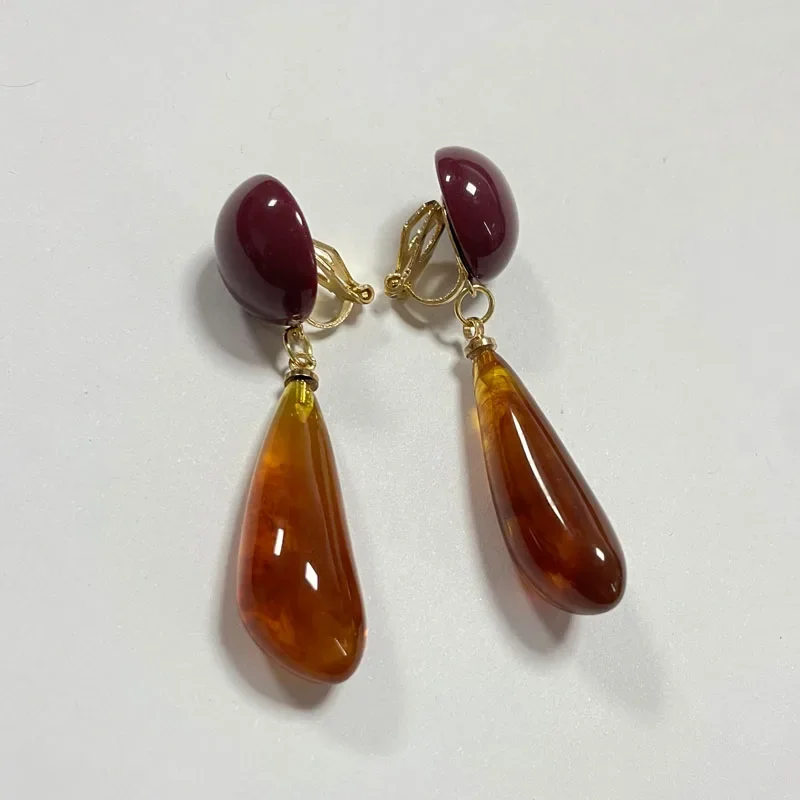 Vintage Winter Brown Clip on Earrings Without Piercing Amber Resin Stone Caramel Color Clip Earrings for Women Elegant Jewelry