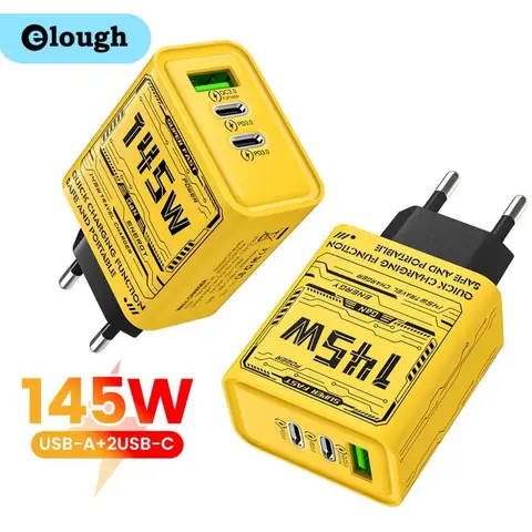 Elough 145W 3 พอร์ต FAST CHARGE Type C GAN ชาร์จโทรศัพท์ USB C QC 3.0 Super Charge Adapter สําหรับ Huawei Xiaomi Iphone 15 Samsung