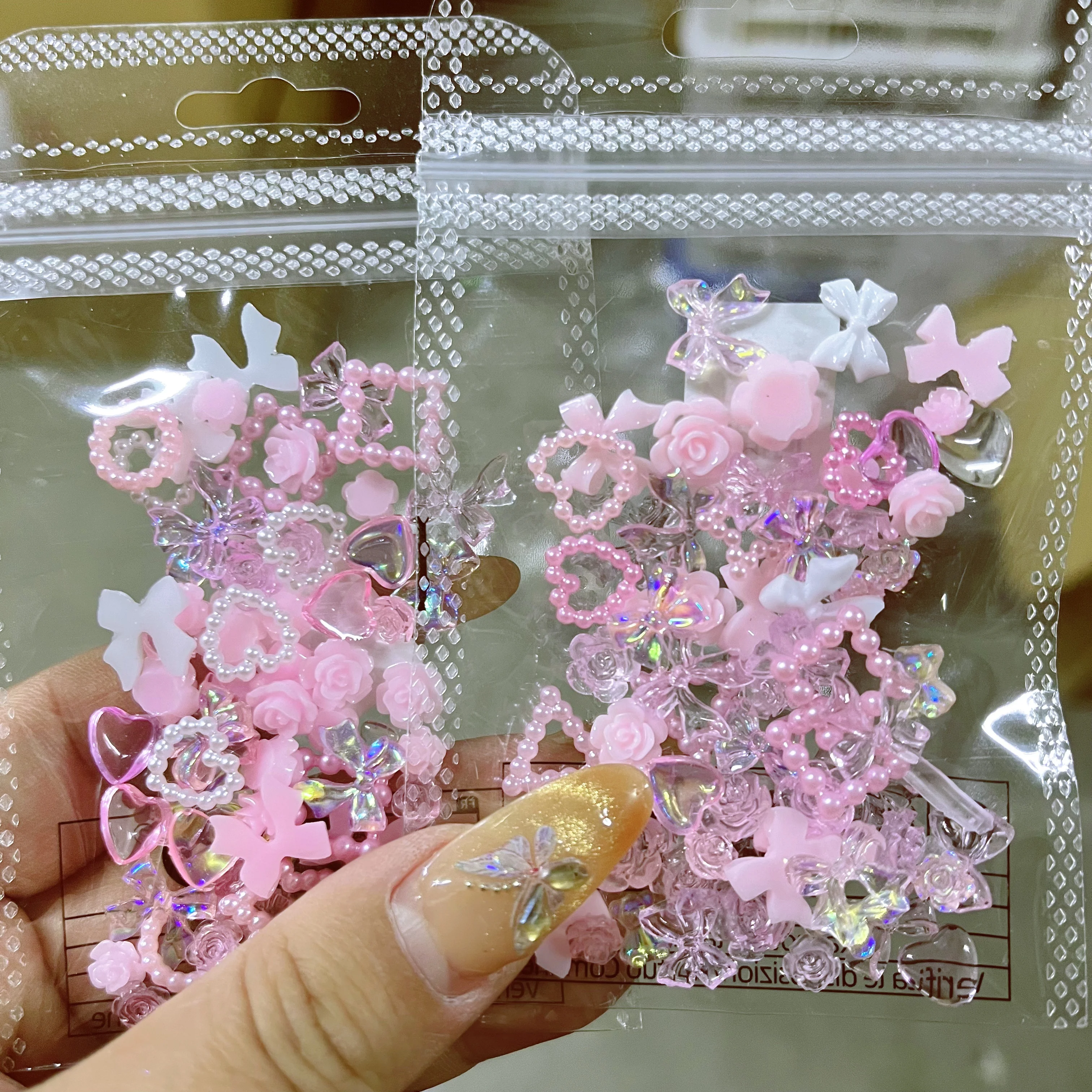 50-100pcs 3D Bow Flower Heart Nail Charms Jewelry Random Mix Shapes Nail Decor Pink & White Resin Manicure Supplies Accessories*