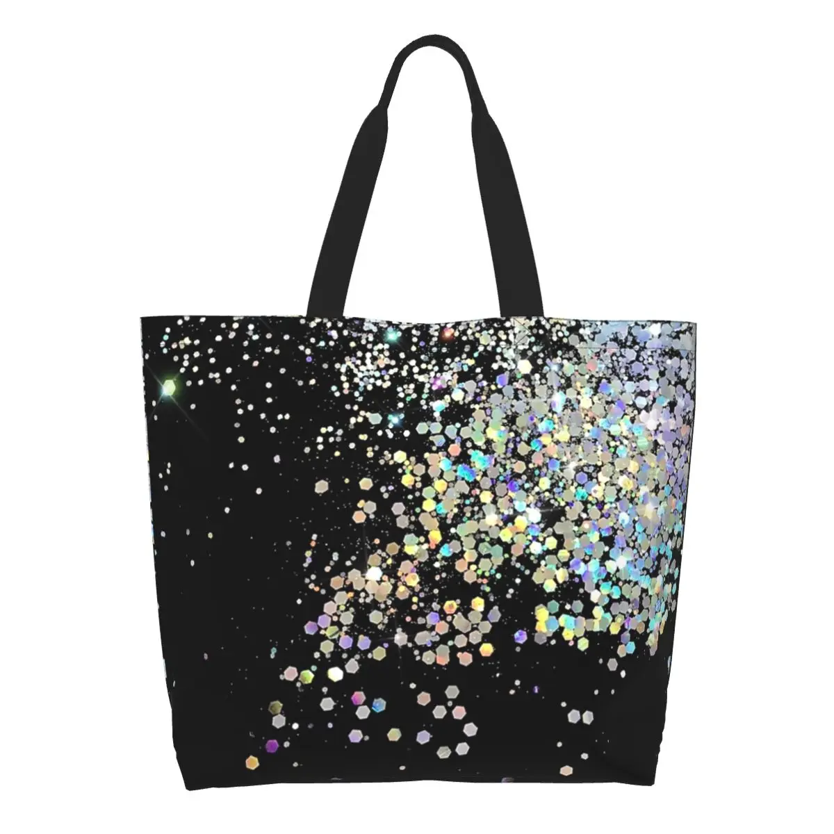 Black And Holographic Sparkle Shopping Tote Bag Canvas Large Capacity Shoulder Bags Shopper Grocery Handbag for Women