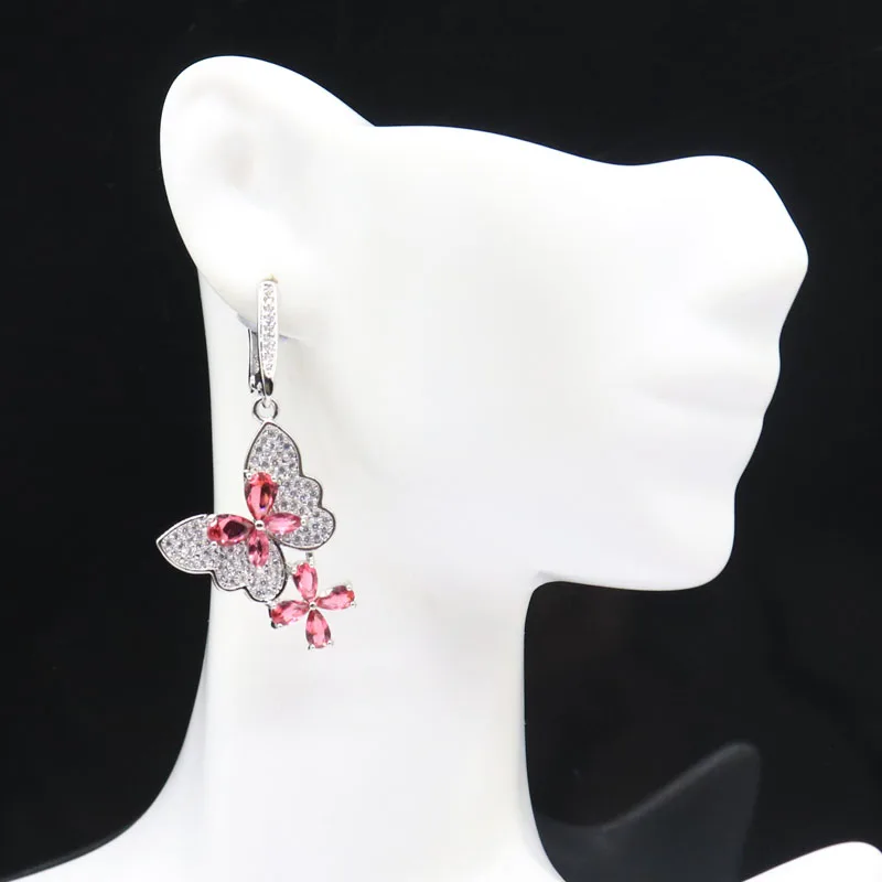 47x21mm Butterfly Shape Pink Raspberry Rhodolite Garnet Green Peridot White CZ Woman's Wedding Silver Earrings view 3