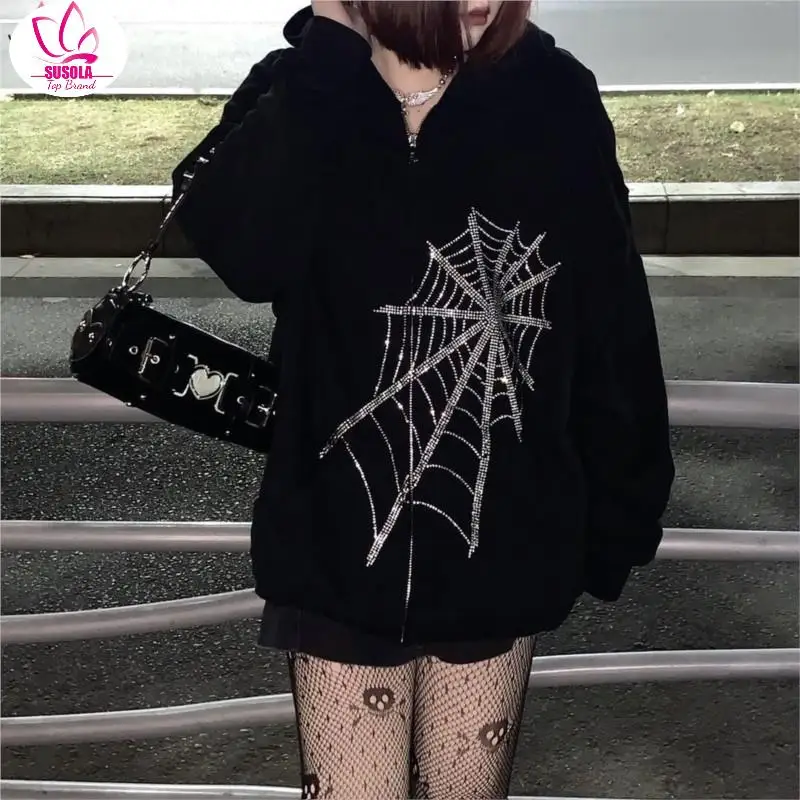 SUSOLA Harajuku Outwear Zipper Sweatshirts Emo Alt Clothing Gothic Punk Spider Web Hooded Women Fairy Grunge Dark Hoodies