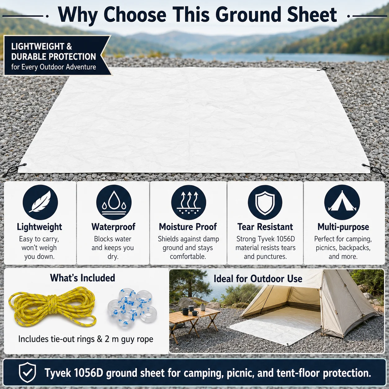 1056D Tyvek Camping Ground Sheet 55g/㎡ Ultralight Waterproof Tent Footprint Tear Resistant Foldable Picnic Mat with Guy Lines