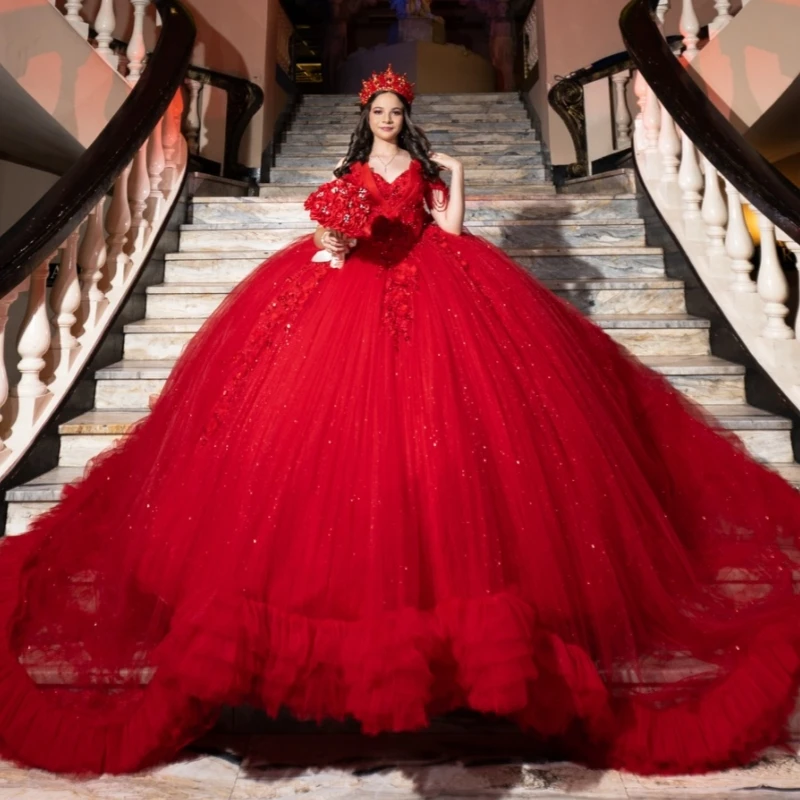 

Red Shiny Quinceanera Dresses Off The Shoulder Applique Lace Beads Tiered Tull Corset Party Birthday Sweet 16 Dress Vestidos 15