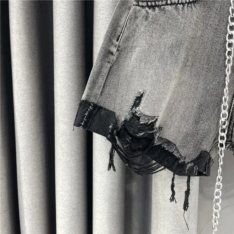 Denim Shorts Women Ripped Raw Edge Designed Punk Style High Waist Summer A-line Cool Girls Loose Wide Leg Trousers Streetwear