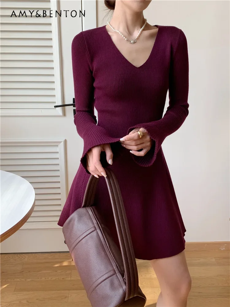 Autumn Winter V-neck Solid Color Horn Sleeve Slim Sexy Knitted A-line Dress for Women Korean Trend Temperament Ladies Mini Dress