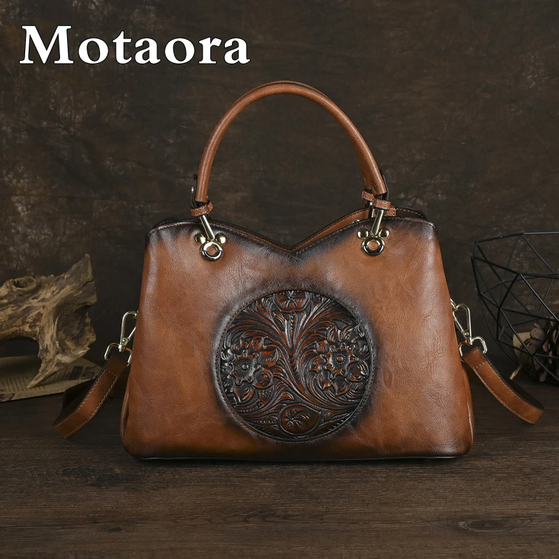 MOTAORA New Chinese Style Embossed Shoulder Bag For Women Fashionable Large Capacity Crossbody Bag Retro Leather Handbag Purse