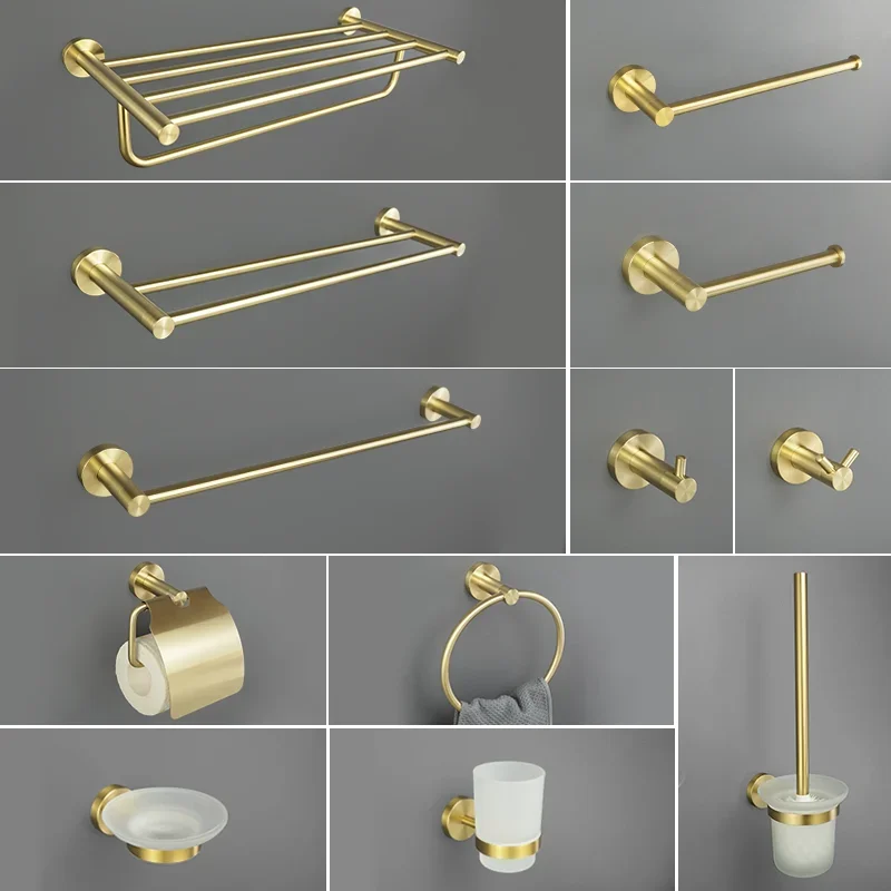 Brushed Gold Bathroom Accessories Towel Bar Bath Robe Hook Bathroom Hardware Set Shelf for Towels Paper Tissue Holer