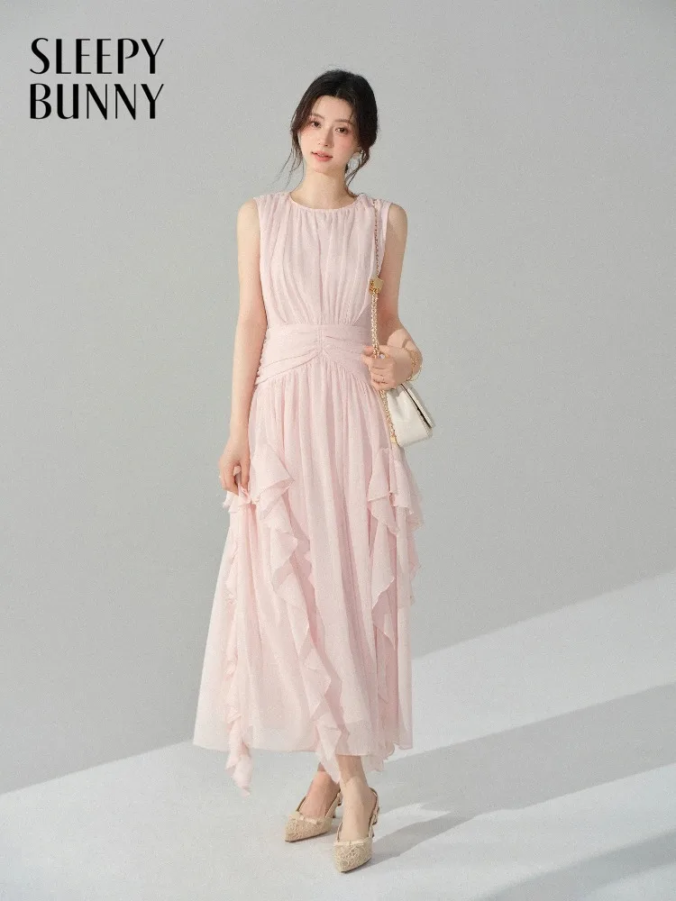 

Elegant Pink Chiffon Dress Sleeveless V-Neck Mini Bodycon Dresses for Lady Spring Cinched Waist Floral Hollow Out Romantic Gown