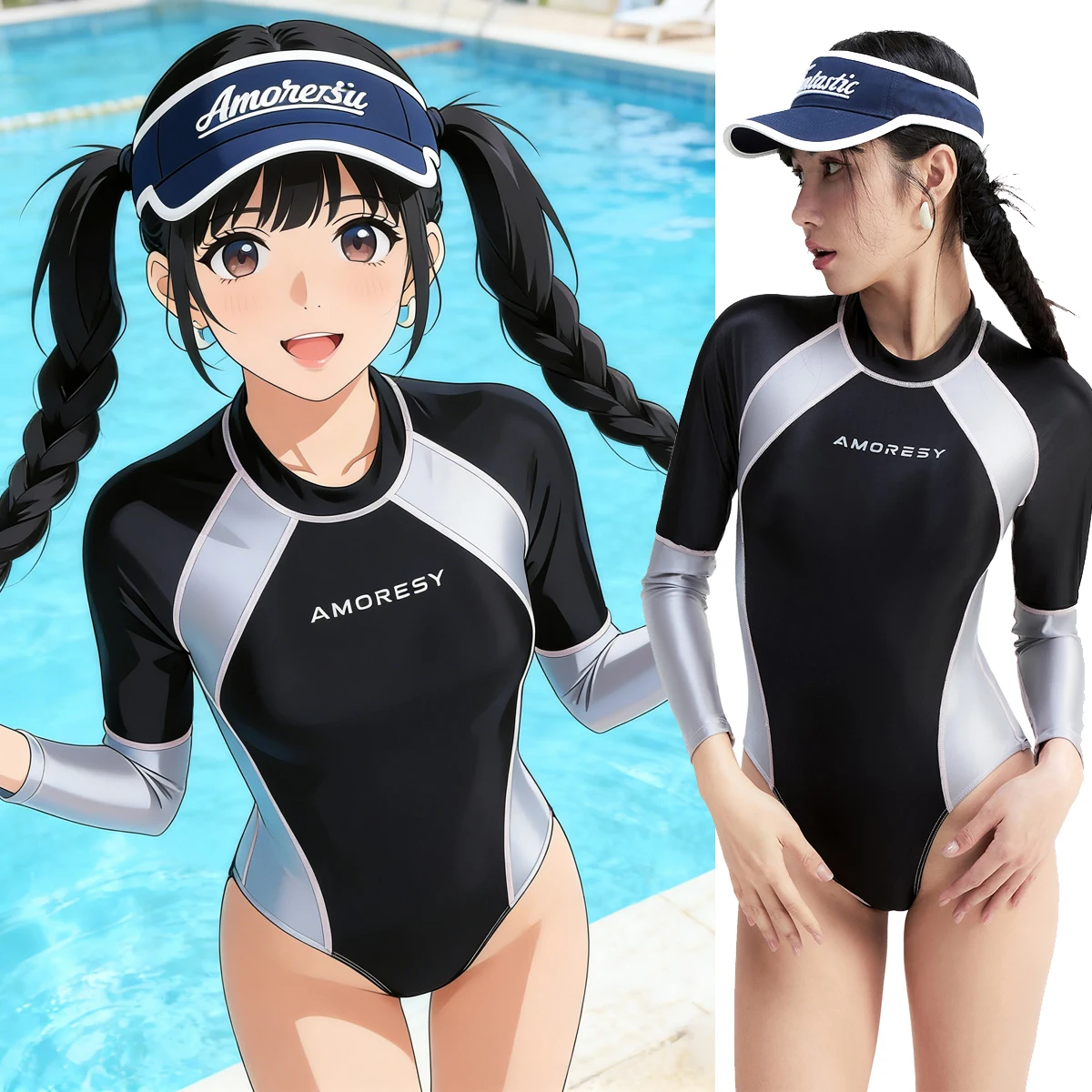 AMORESY Lachesis Series Glitter Elastic Patchwork High Cut Back Zipper Bodysuit Leotards Surfing Competitive Swimwear Beachwear