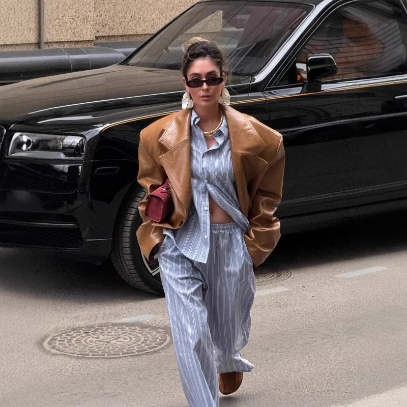 Autumn Fashion One Button Short PU Leather Jacket Women Lapel Long Sleeves Street Jackets 2026 Fall New Lady Brown Coats Jackets