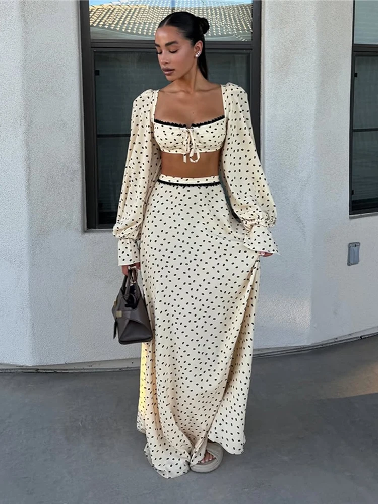 

Elegant Women Floral Top Skirt Set Fashion Long Sleeve Printed Lace Up Female Cropped Top Long Skirt 2026 Summer Vacation Outfit