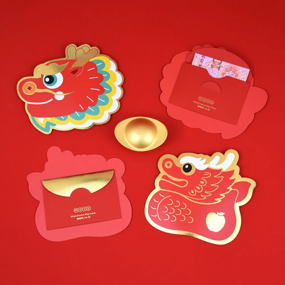 Enveloppe en forme de dragon chinois, processus d'estampage à chaud, paquet simple, rouge, mignon, fortune, réveillon du Nouvel An, 6 pièces