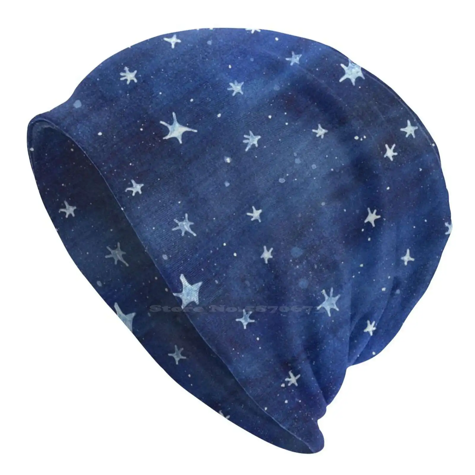 Star Watercolor Illustration Knitted Hat Warm Beanie Outdoor Caps Starry Night Stars Galaxy Night Sky Navy Blue Cosmic