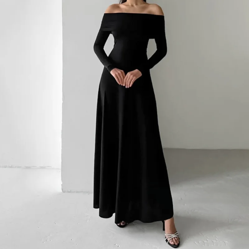 

Autumn Winter Women Sexy Off Shoulder Maxi Flare Dress Solid Black Strapless Long Sleeve Dress For Women Party Dresses