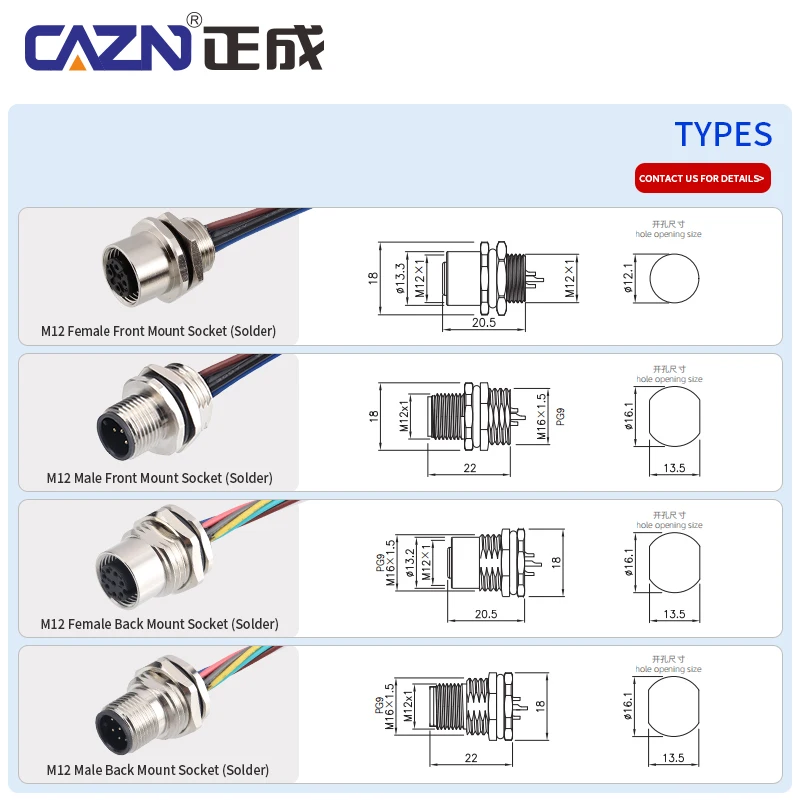 Waterproof M12 Solder Socket Male Female Back Mount 2 3 4 5 6 8 12 17 Pin A/B/C/D with 30cm Wire PG9 IP67 for Heavy Machinery