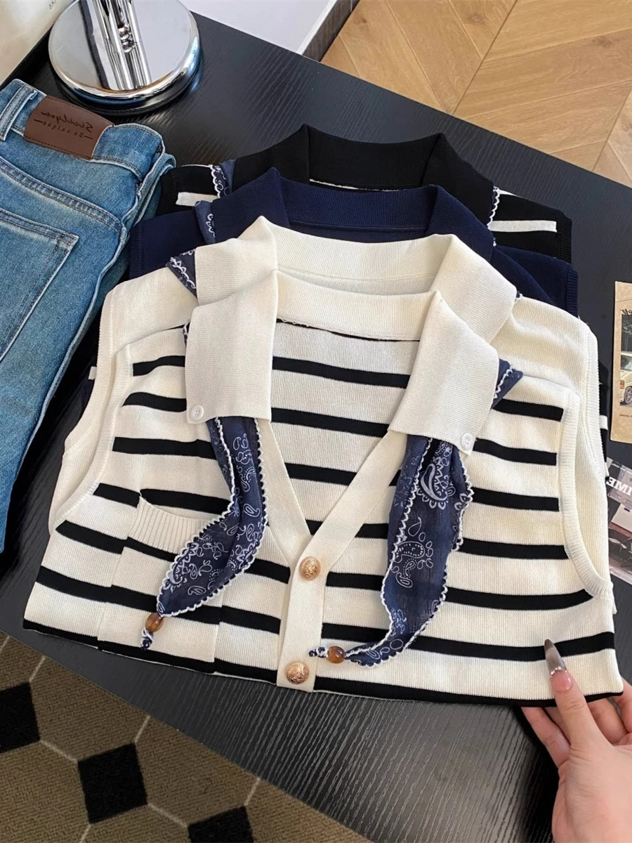 سترة محبوكة بدون أكمام بخطوط متباينة الألوان بتصميم عتيق، قطعة علوية عصرية نحيفة للنساء، مناسبة للصيف والتنقل اليومي، قصة مست...