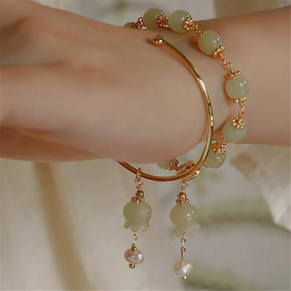 Natural Hetian Jade Women Bracelet Girly Bell Flower Charm Bangle New Chinese Romantic Fine Ladies Jewelry Gift Dropshipping