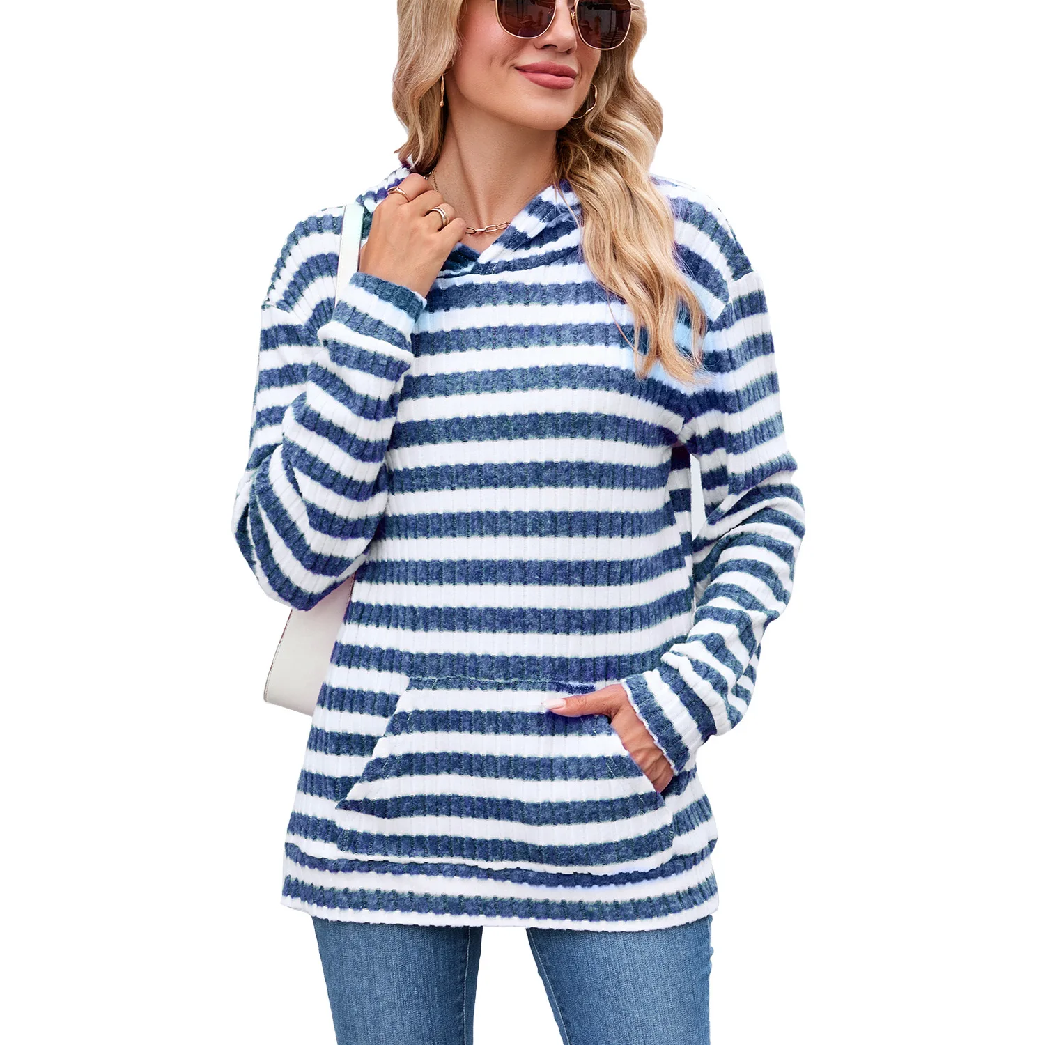 Abbigliamento Donna Hooded Striped Pullover Long Sleeve Pocket Office Commuting Versatile Pullover Sweatshirt Tops Woman's 2025