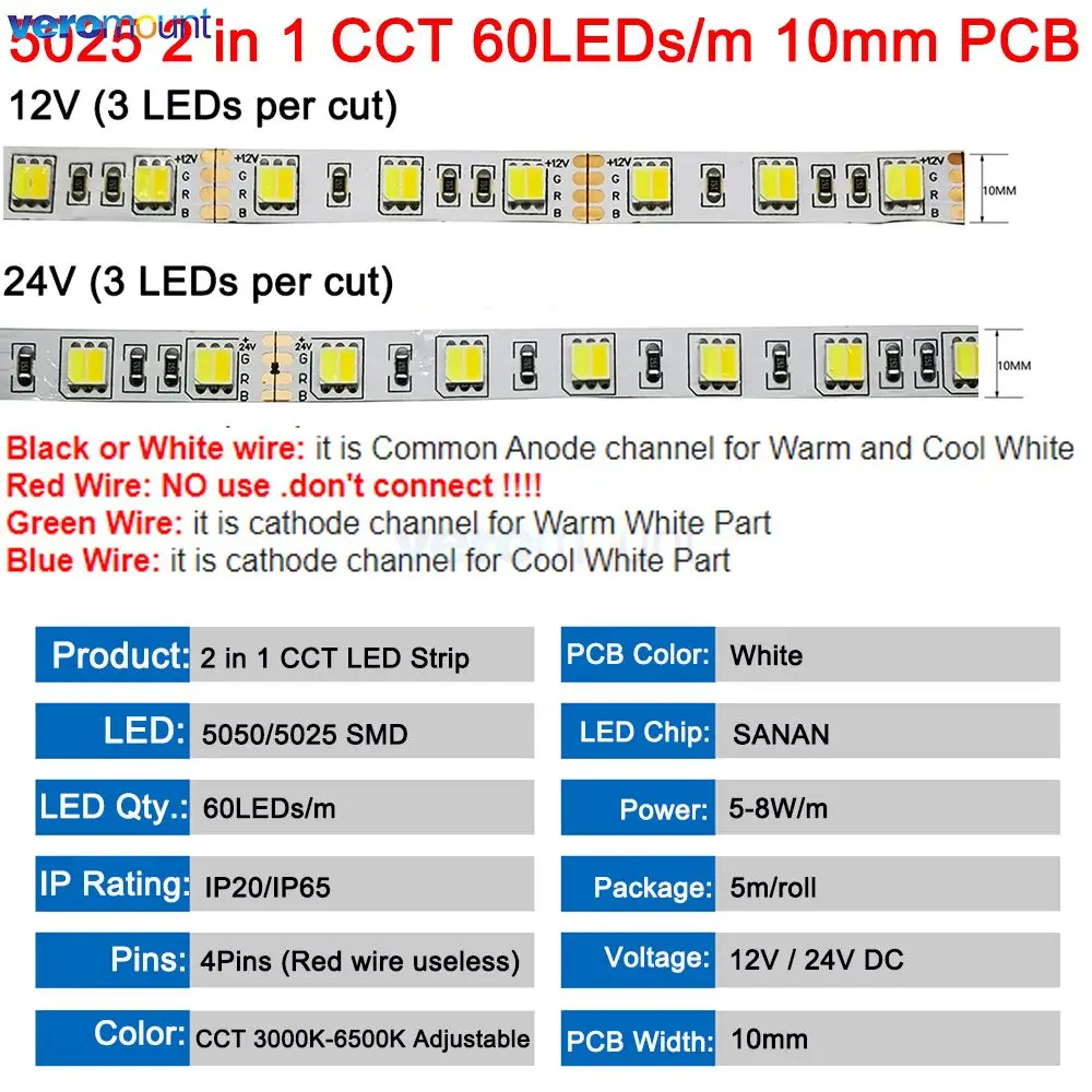 5m 5050 5025 CCT LED Strip 60LEDs/m 120LEDs/m Dual White CW+WW CCT 2 in 1 Color Temerature Ajustable LED Tape 12V 24VDC 10mm PCB