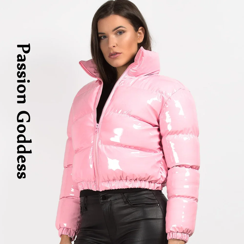 Winter Women Shiny PU Leather Jacket Cropped Parka Warm Thick Bubble Coat Pink Leather Down Parka Zipper Loose Puffly Jacket XXL