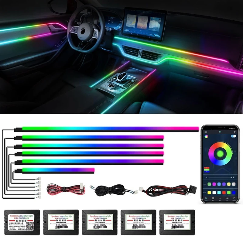 Car Ambient Neons Lights Strips Rainbow Colorful Auto Atmosphere Lighting 64 RGB Acrylic Universal Lamps App Contro Symphony LED