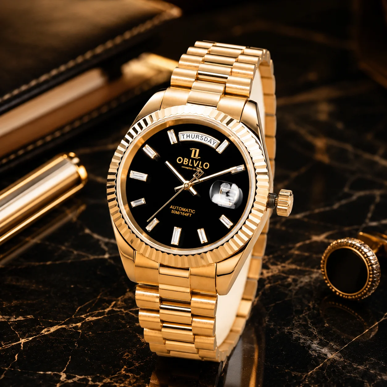 OBLVLO Men's Yellow Gold Automatic Watch Roman Numerals Day-Date Display 50M Water Resistant Miyota 8215 Movement RX-DD-HBT