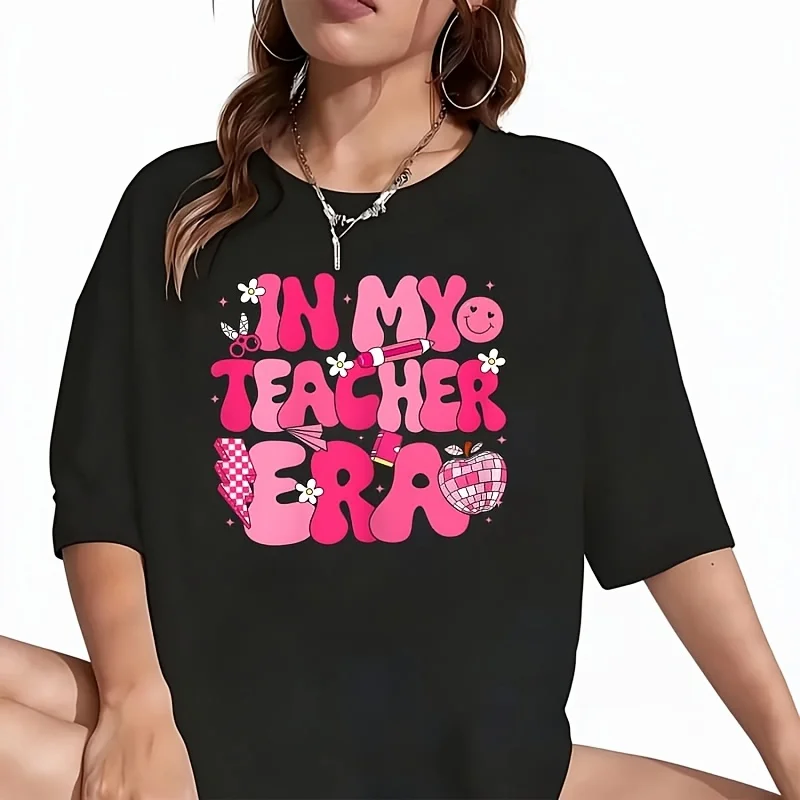 in My Teacher Era First Women's T-Shirt Funny Graphic Short Sleeve Tee Novelty Shirt Casual Crew Neck Top 100% Cotton S-5XL