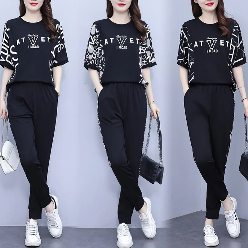 Women Summer Sport Two Piece Set Short Sleeve O Neck Tops And Pants Casual Loose Black Plus Size 4XL Suit Slim Printed Tracksuit