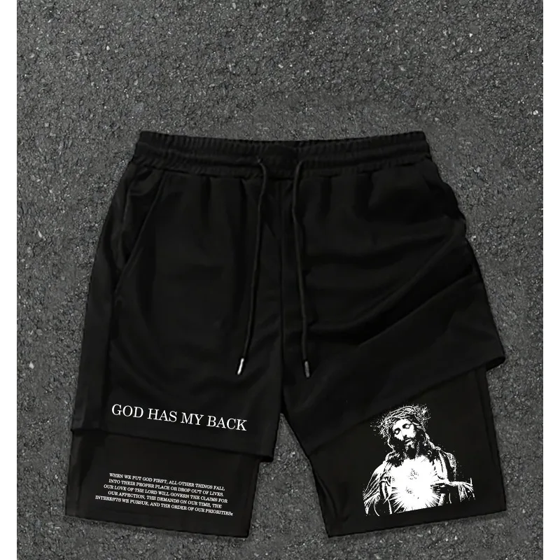 

Men's Casual Vacation Two Piece Sports Shorts, Jesus&letter Printed Summer Running Training Fitness Breathable Shorts