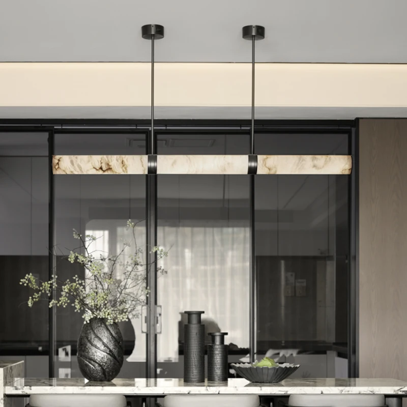 Long Alabaster Ceiling Pendant Light Dining Room Table Kitchen Island Alabaster Linear Chandelier Nature Marble Pendant Lamp