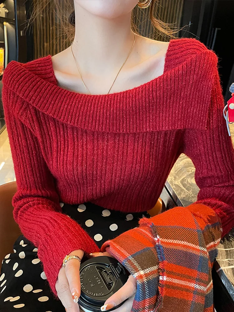 เสื้อไหมพรมแขนยาวสำหรับฤดูใบไม้ร่วงและฤดูหนาว ทรงเข้ารูป สไตล์ลำลอง คอเหลี่ยม ดีไซน์หรูหรา แฟชั่นสำหรับผู้หญิง