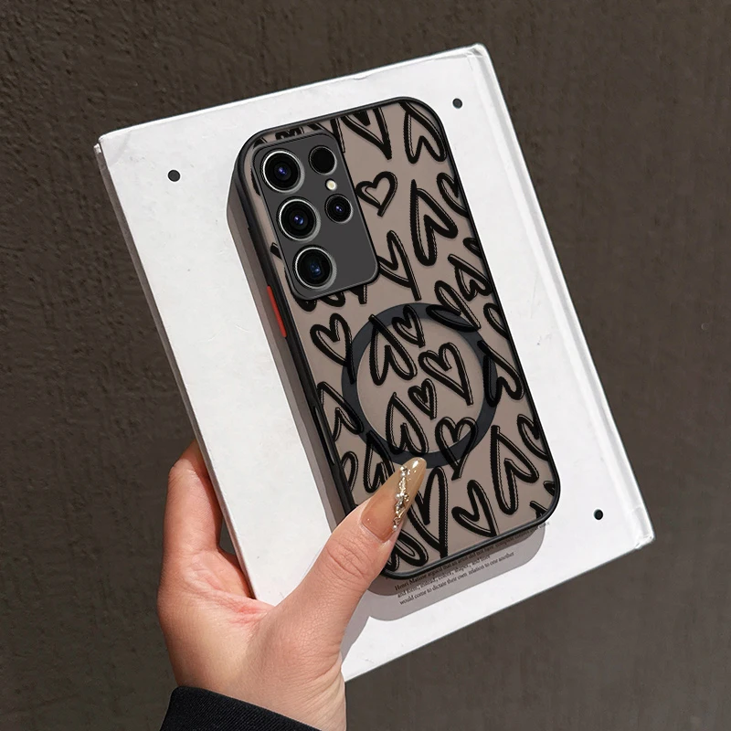 Miękkie etui TPU na telefon Samsung Galaxy S25 S24 S23 S22 Ultra Plus S21 S23 S20 FE, magnetyczne, czarne, z wzorem serca, matowe.