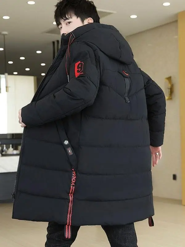 

Men's Winter Thiened Warm Long down Cotton Jaet Slim Fit Faionable Korean Sle Detachable Hood Daily Wear Coat