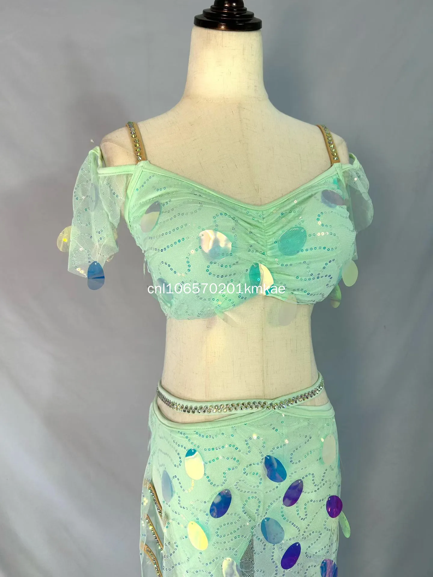 BellyDance Practice Clothes for Adults and Children Customized Big Sequin Top+ Long Skirt 2pcs Dancing Costume