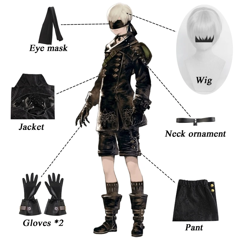 Fantasia de cosplay Anime NieR Automata 9S YoRHa No. 9 tipos S roupas uniforme peruca terno trajes de festa de Halloween para homens