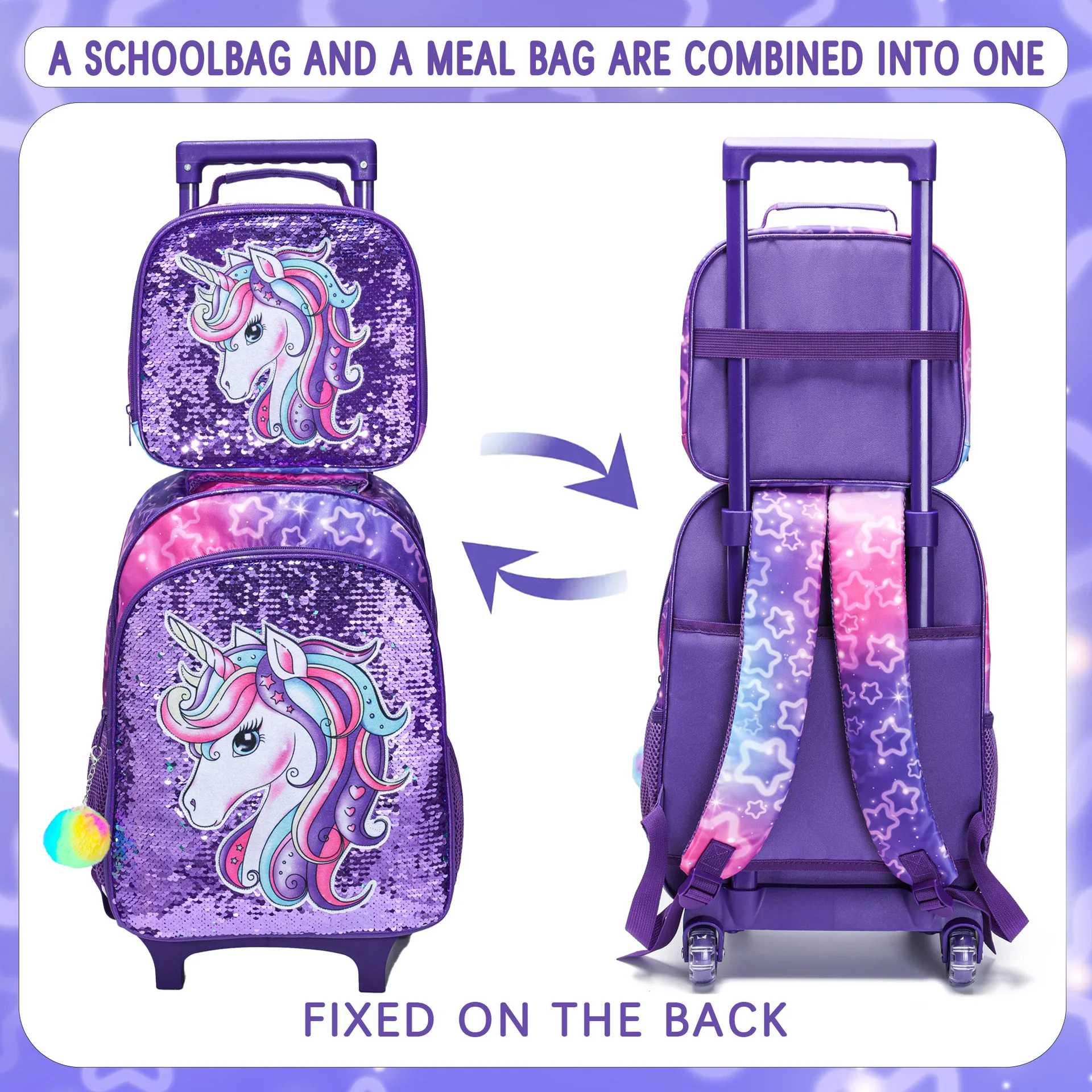 Primary School Student School Trolley Bags Set with Lunch Bag Pen bag Travel Trolley Bag for Girls Rolling Luggage Suitcase