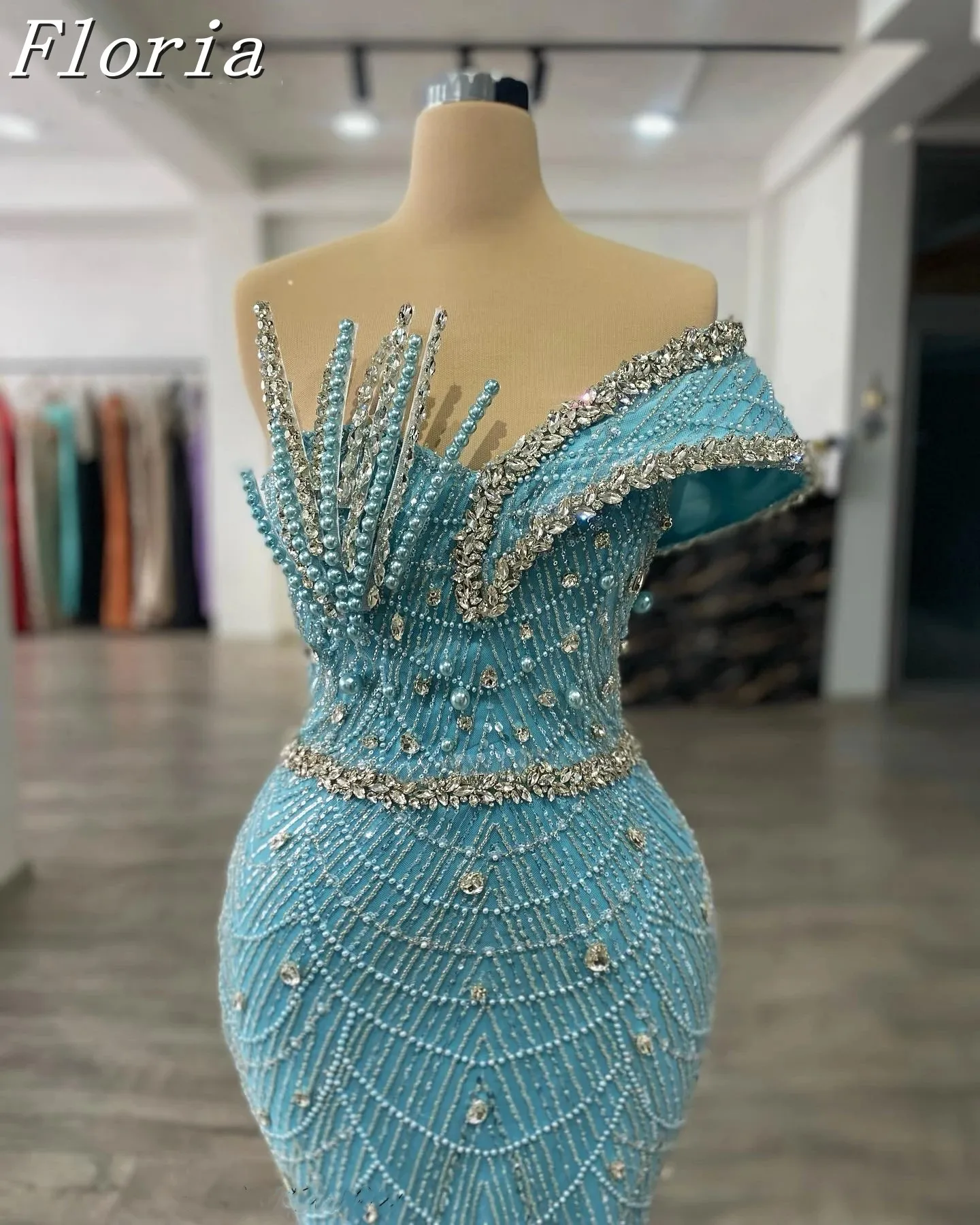 Sky Blue Beaded ชุดราตรี Mermaid Elegant Sweetheart Celebrity ชุดเดรสคริสตัล Robes De Soirée Prom Party Dresses