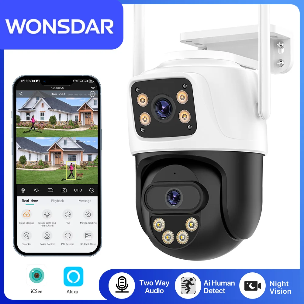 8MP 4K PTZ Wifi Camera Dual Lens Dual Screen 4MP HD Wireless Outdoor IP Camera AI Human Detection P2P Video Surveillance iCSee