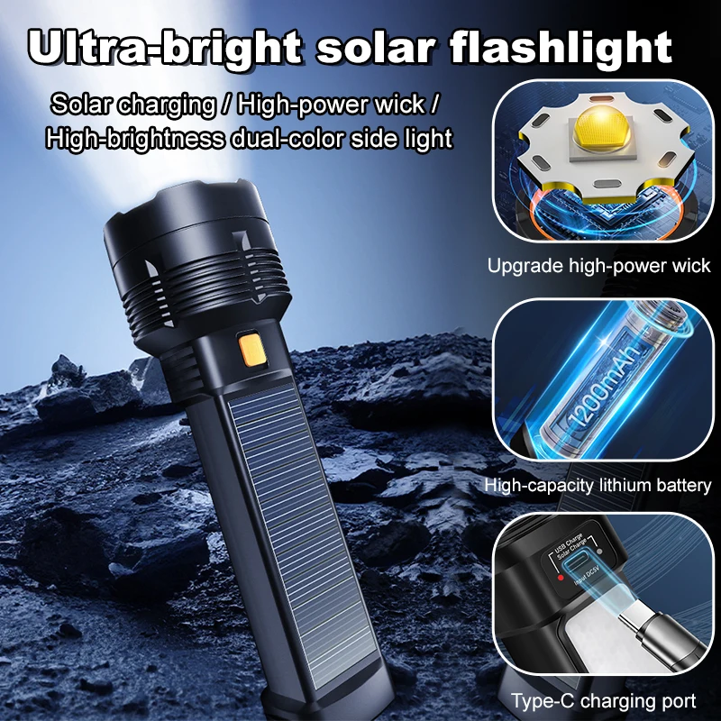 Portable Flashlight Outdoor Super Bright  Twocolor Side Light High Light Solar Flashlight TypeC Rechargeable Portable Small