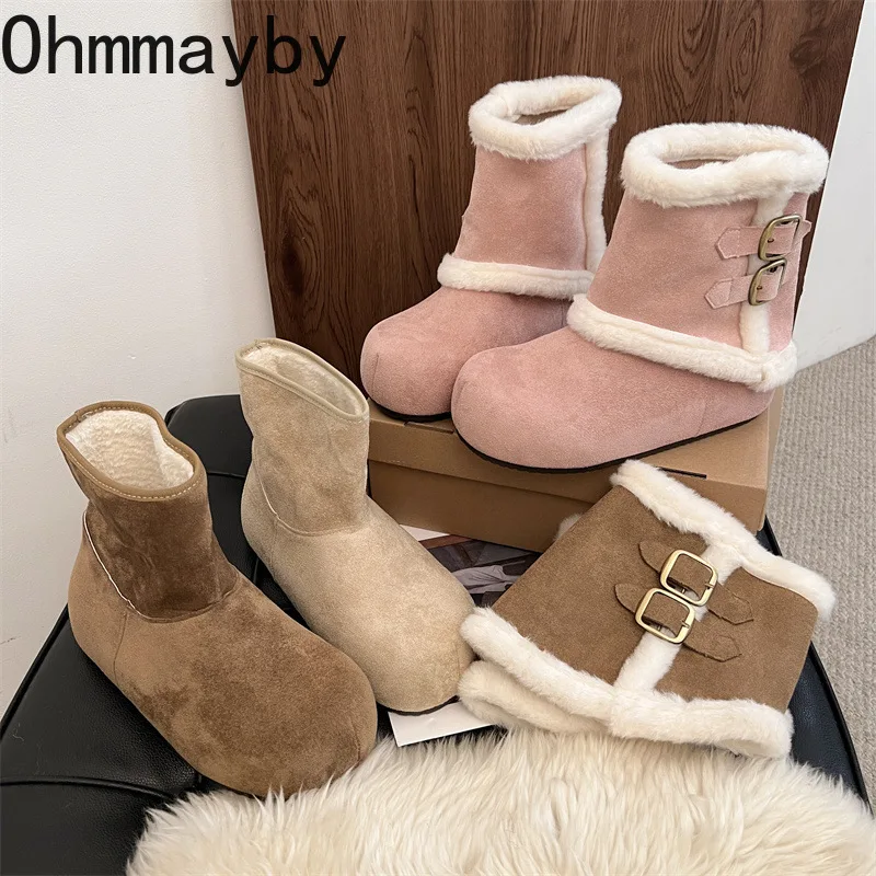 

Winter Internal Elevation Women Fur Lining Pipe Snow Boots Button Combination Splicing Shoes Ladies Warm Cotton Short Booties