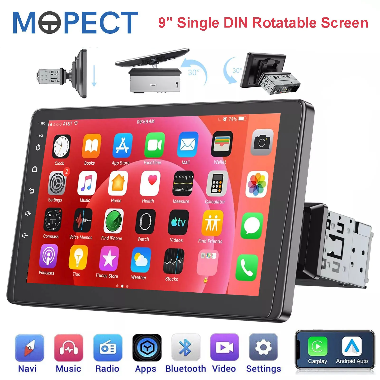 Autoradio MOPECT 9" Rotante Singolo 1 DIN, Lettore Multimediale, Unità Principale MP5 per Carplay Android Auto, BT, FM, RDS, SWC, EQ, AUX, USB, TF