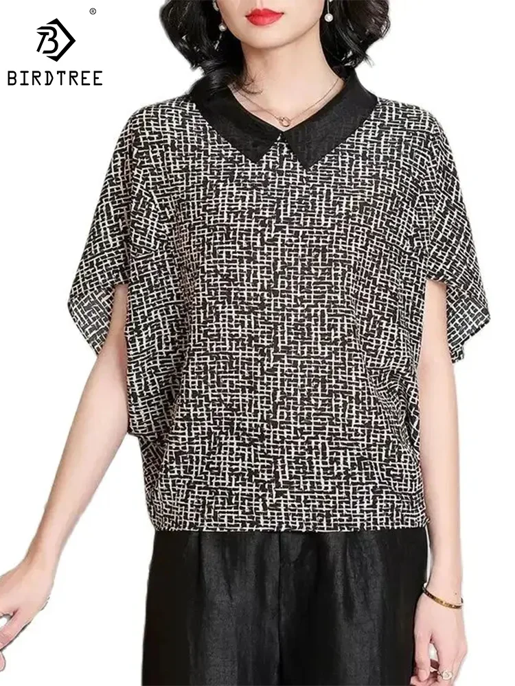 

BirdTree 100%Mulberry Silk Shirt for Women, Lapel Short Sleeve Print, Loose Fashion OL Blouses, 2024 Spring New Tops T42305QM