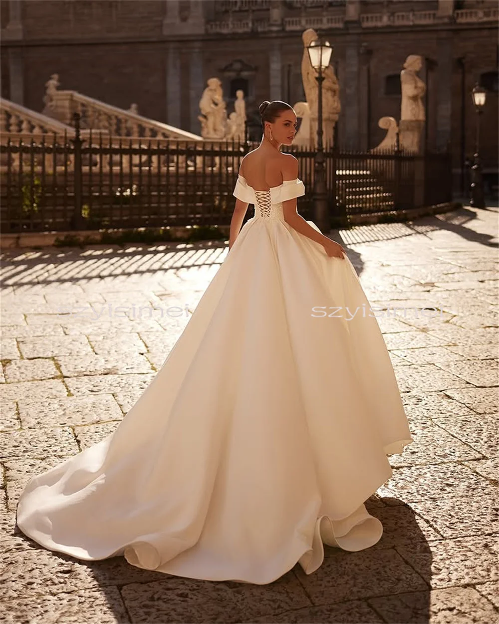 Customized Wedding Dresses Off Shoulder Lace Appliques White Wedding Gowns Split Sweep Train Party Bride Dresses robe de mariée