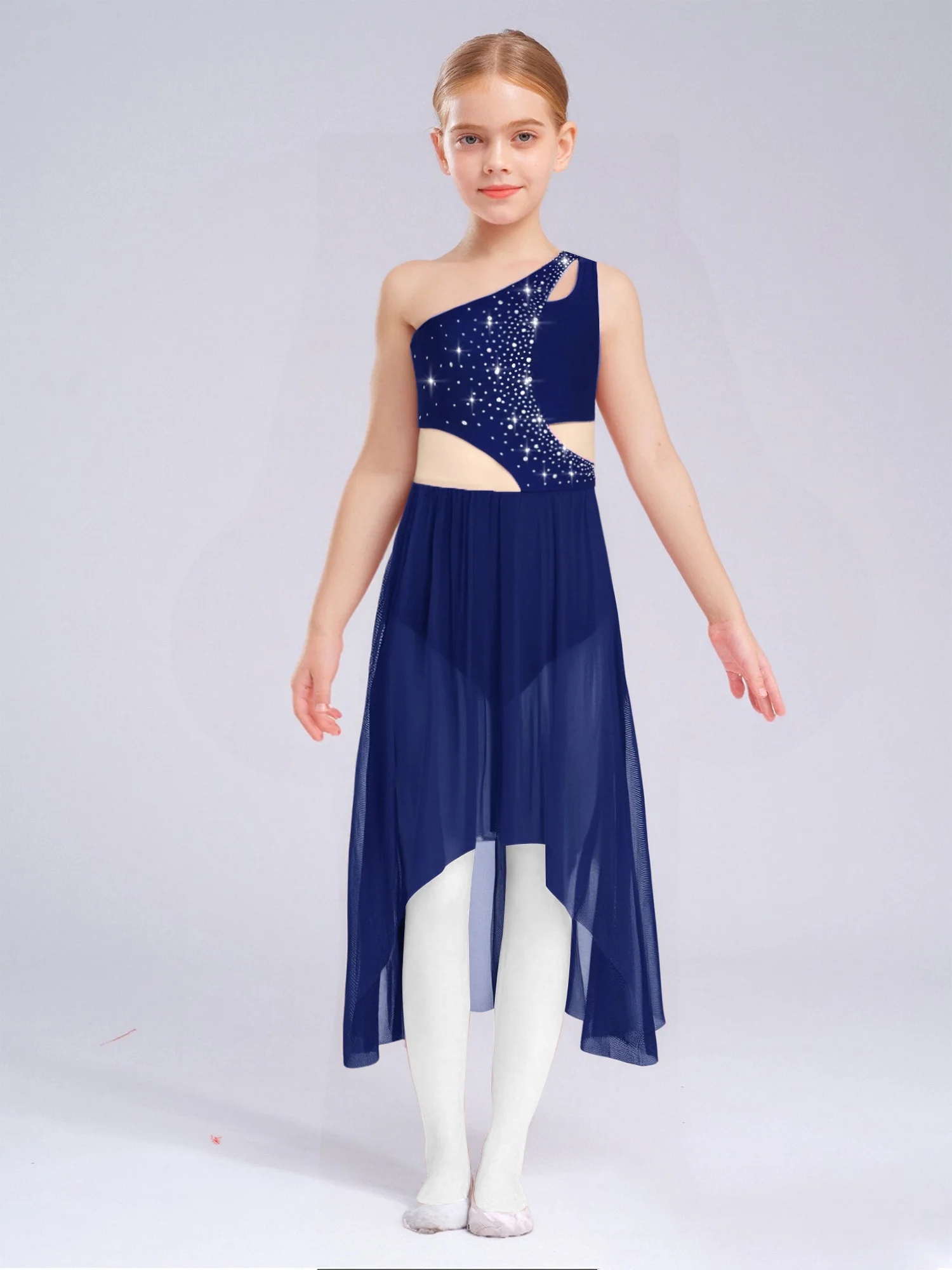 여자 스케이트 드레스 민소매 하이 로우 흐르는 메쉬 볼룸 발레 드레스 키즈 서정적 댄스 의상 반짝 이는 라인 석 댄스웨어